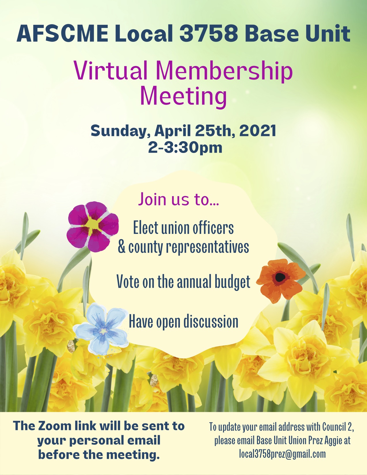 April 2021 Base Unit Membership Meeting flyer