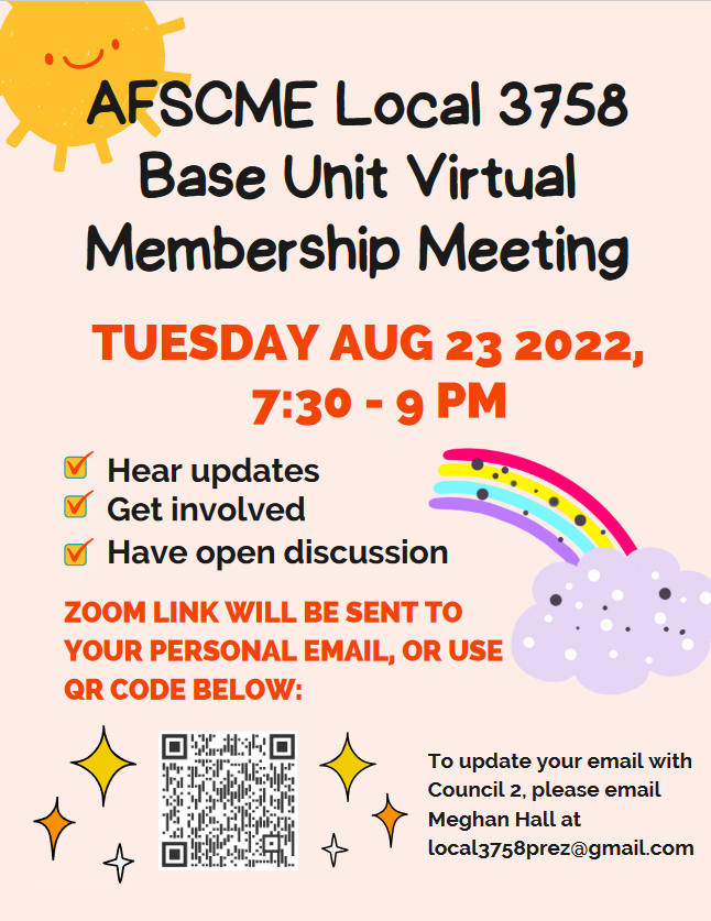 Meeting flyer: the text that is written out in this post appears in red and black font over a pink background. A few emojis dot the page: a smiling sun, a rainbow, and a QR code with sparkles around it. The flyer text says that scanning the QR code will give you a link to the Zoom meeting.